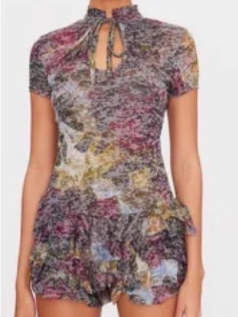 PrettyLittleThing Brown Floral Ruffle-Hem Romper